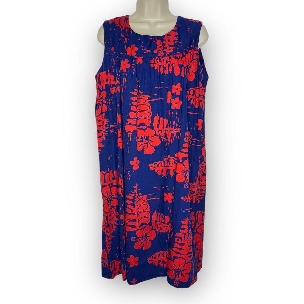 Ui-Maikai Blue Red Floral Hibiscus Hawaiian Dress 100% Cotton Women’s Size Large